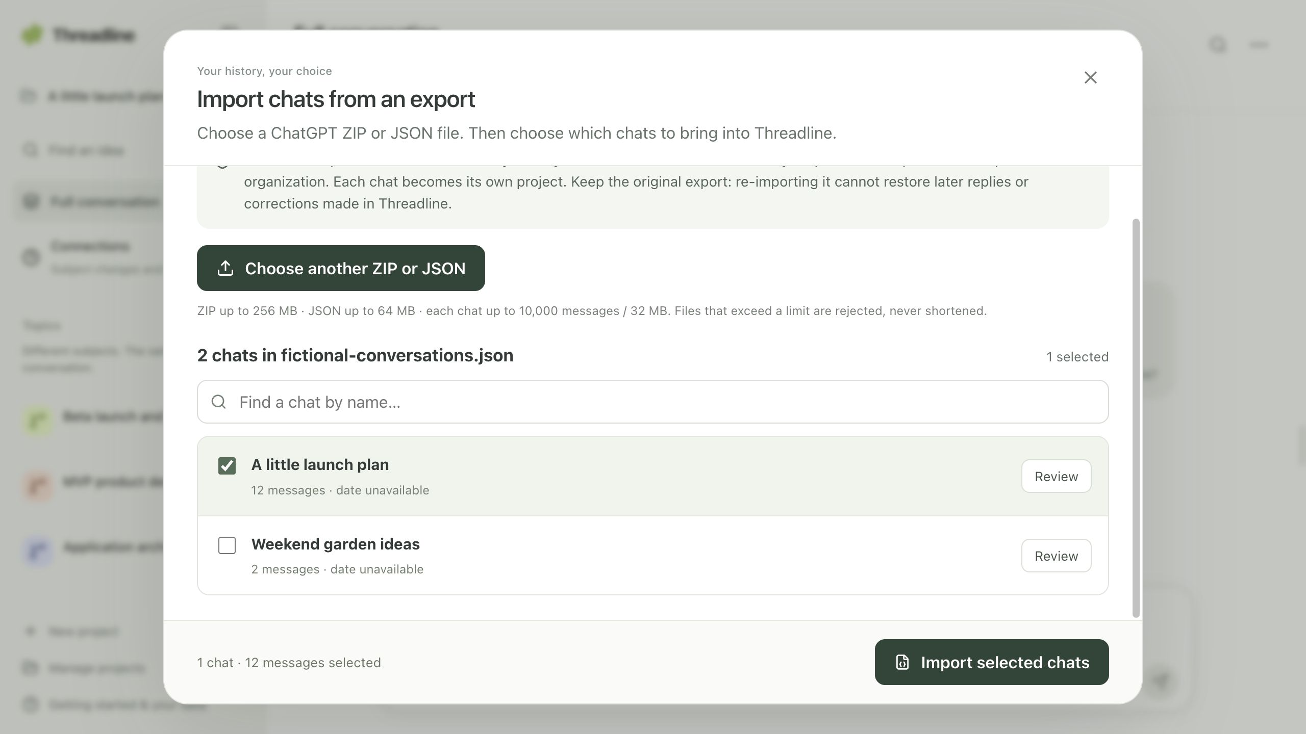 Threadline’s actual import chooser: A little launch plan is selected; Weekend garden ideas is not.